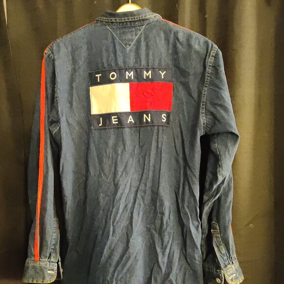 Tommy Hilfiger Vintage Mens XL Crew Denim Spell Out Logo Flag Jacket Jean Shirt - Picture 6 of 7